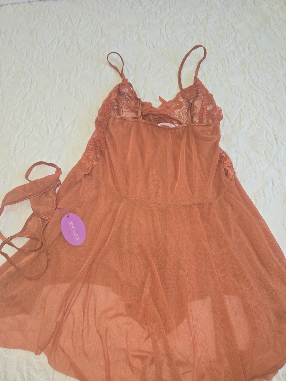 Lace-Trim Mesh Chemise Nightdress in Rust Orange